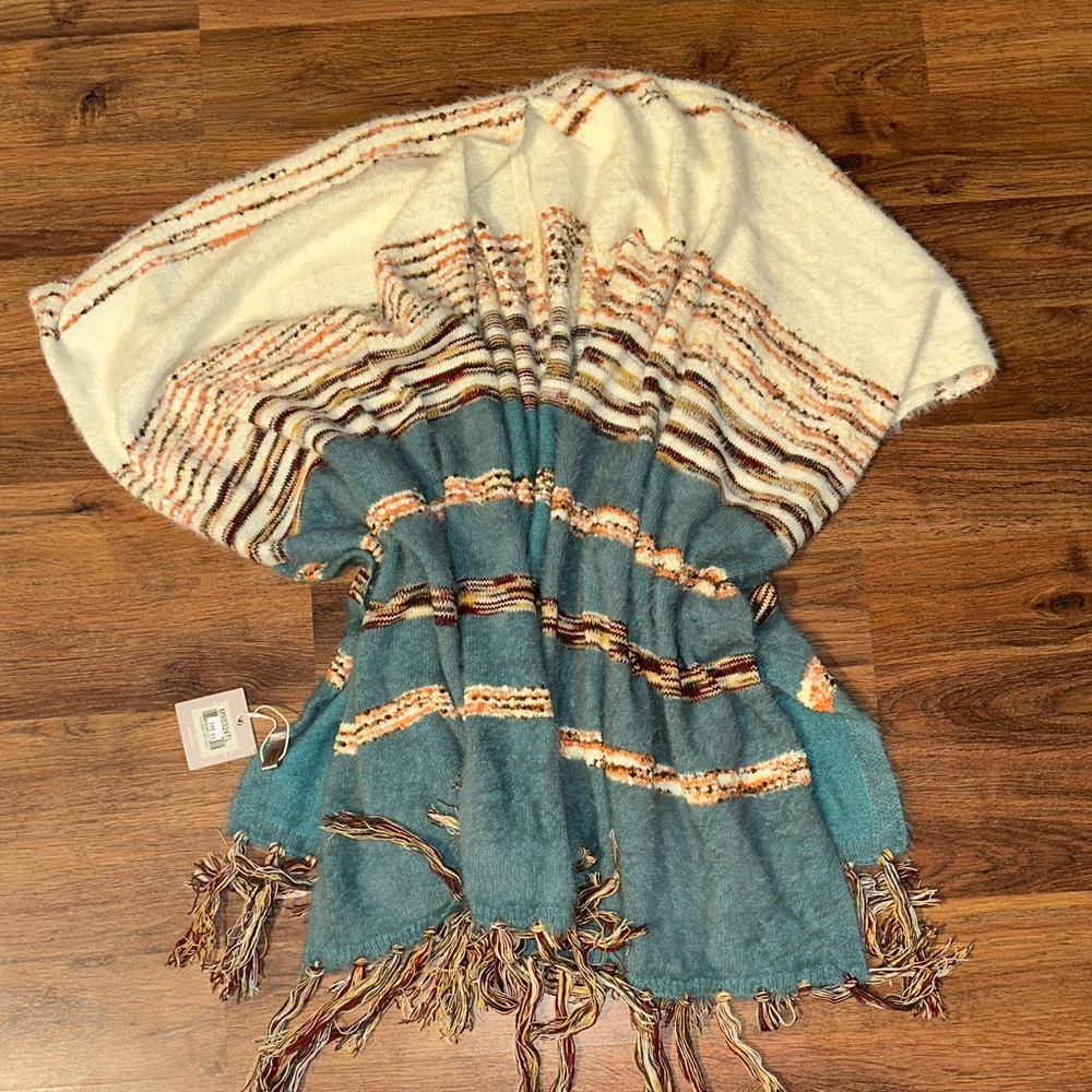 Striped Knit Poncho/Shawl with Fringe